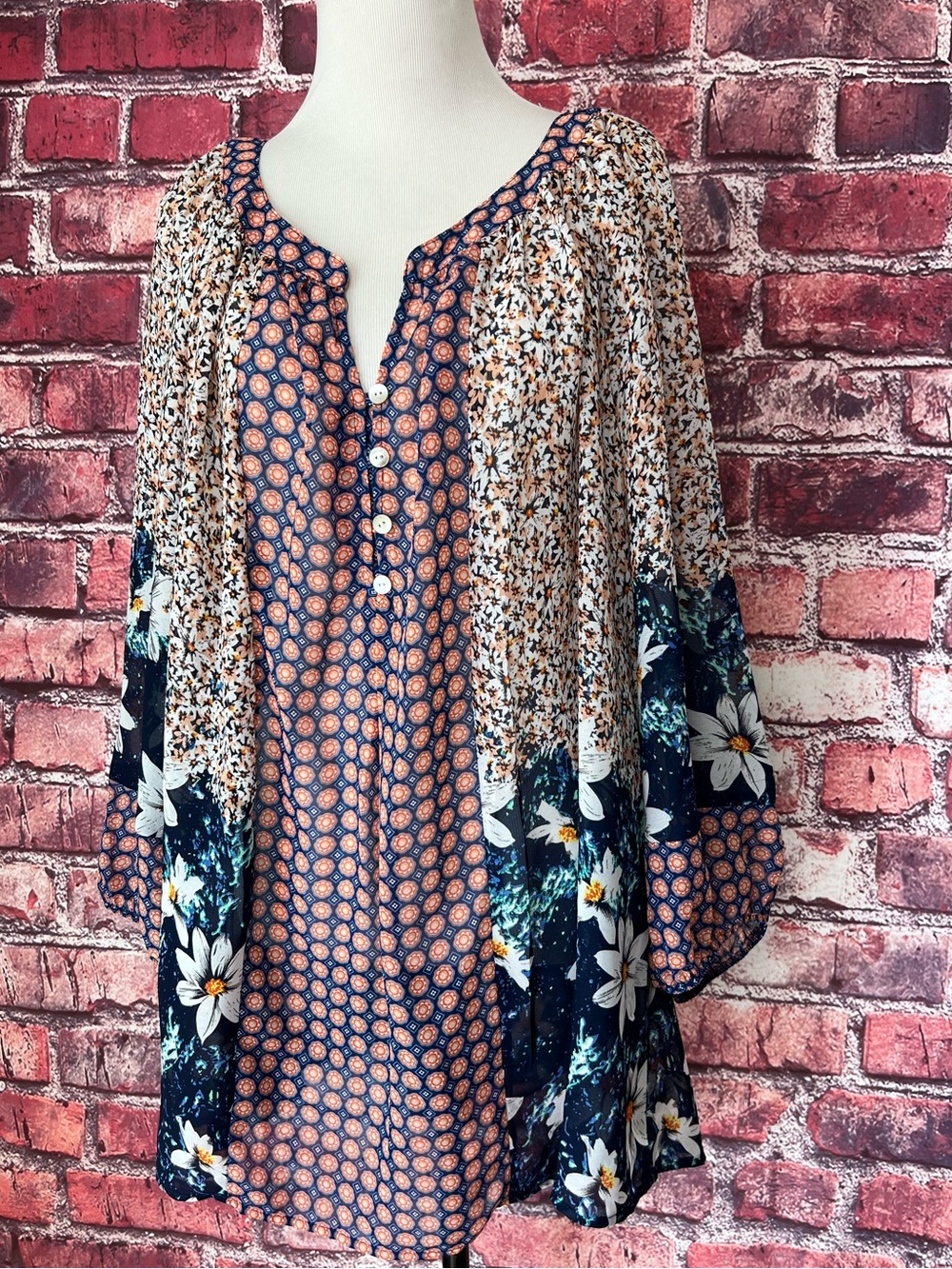 Fig and Flower Mixed Floral Geometric Henley Blouse Tunic 3X